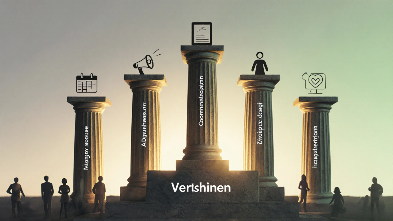 Fünf Säulen der Sanierungskoordination als abstrakte Lichtstruktur, symbolisch für Vertrauen und Zusammenarbeit.