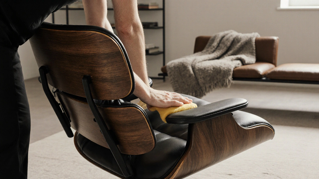 Hände polieren einen Eames-Lounge-Stuhl aus Leder und Walnuss mit natürlicher Patina.