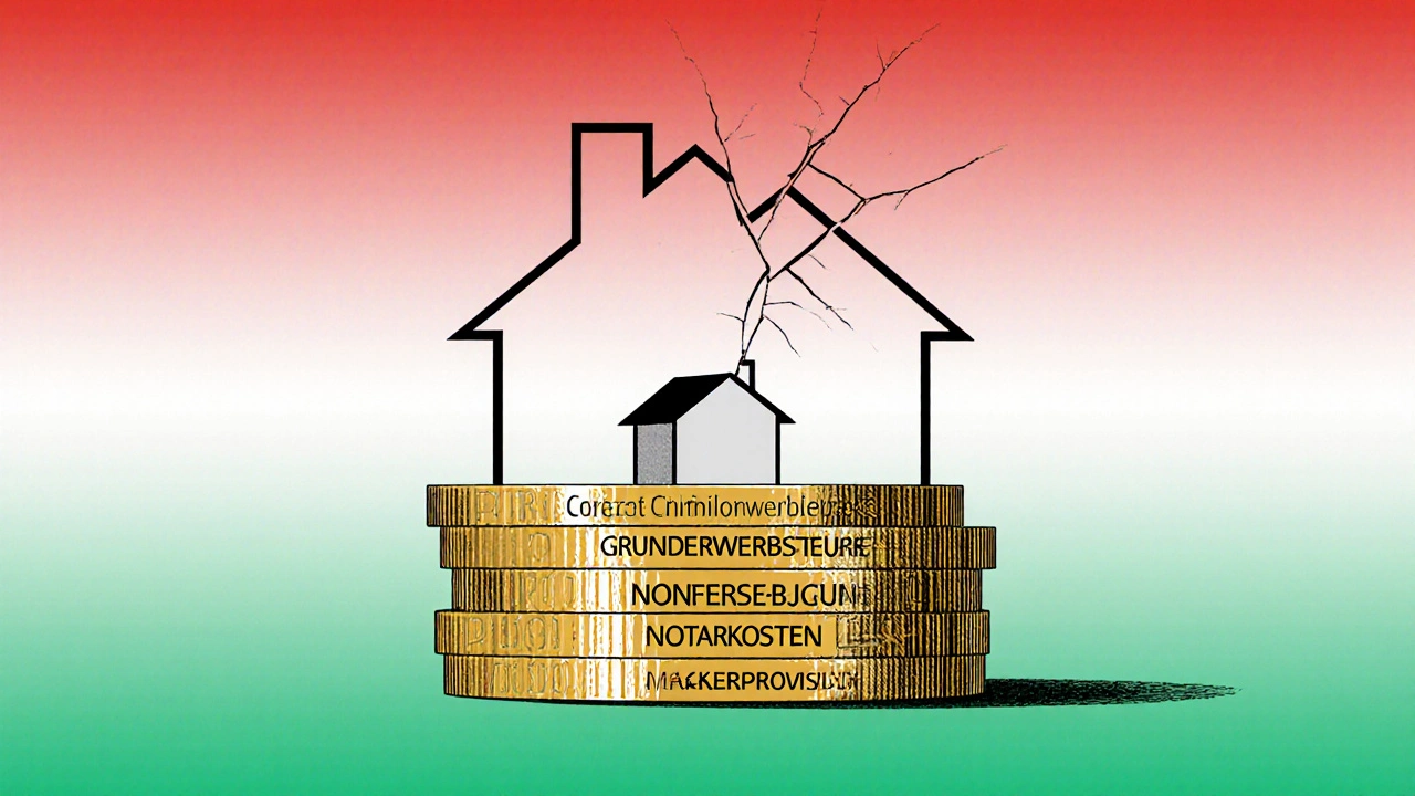 Haus aus Euro-Münzen mit drei Kostenkomponenten, die abfallen, als der Kaufpreis sinkt.