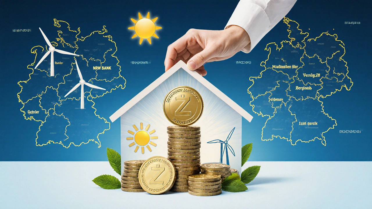 Haus aus Geld und Energie-Symbolen, mit Zuschuss und Darlehen als Bausteine.