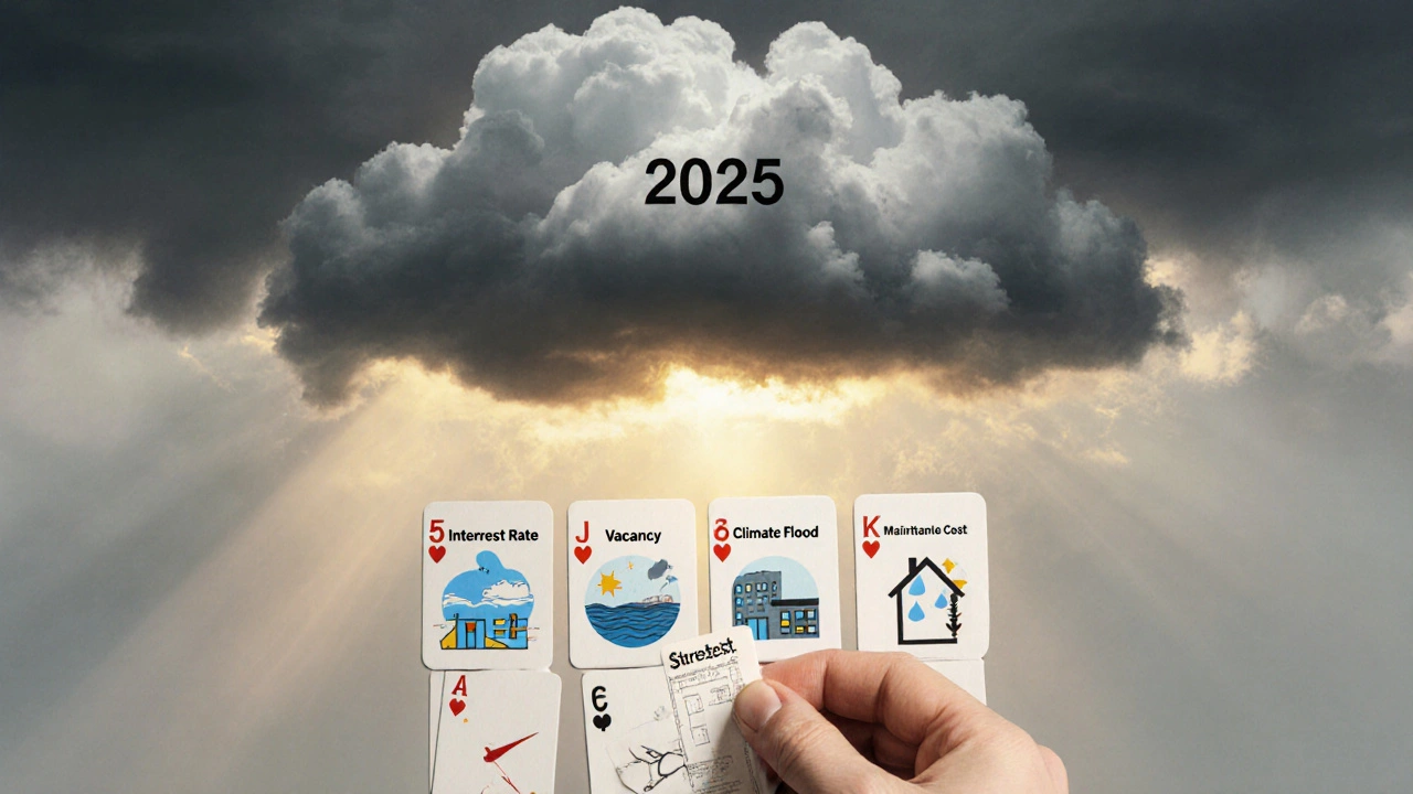 House of cards representing real estate risks under a storm cloud, with a &#039;Stresstest&#039; tile reinforcing it.