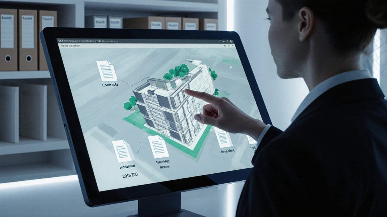 Immobilienverwalterin bedient eine Touchscreen-Oberfläche mit Gebäudedaten und Dokumenten, während leere physische Aktenordner im Hintergrund stehen.