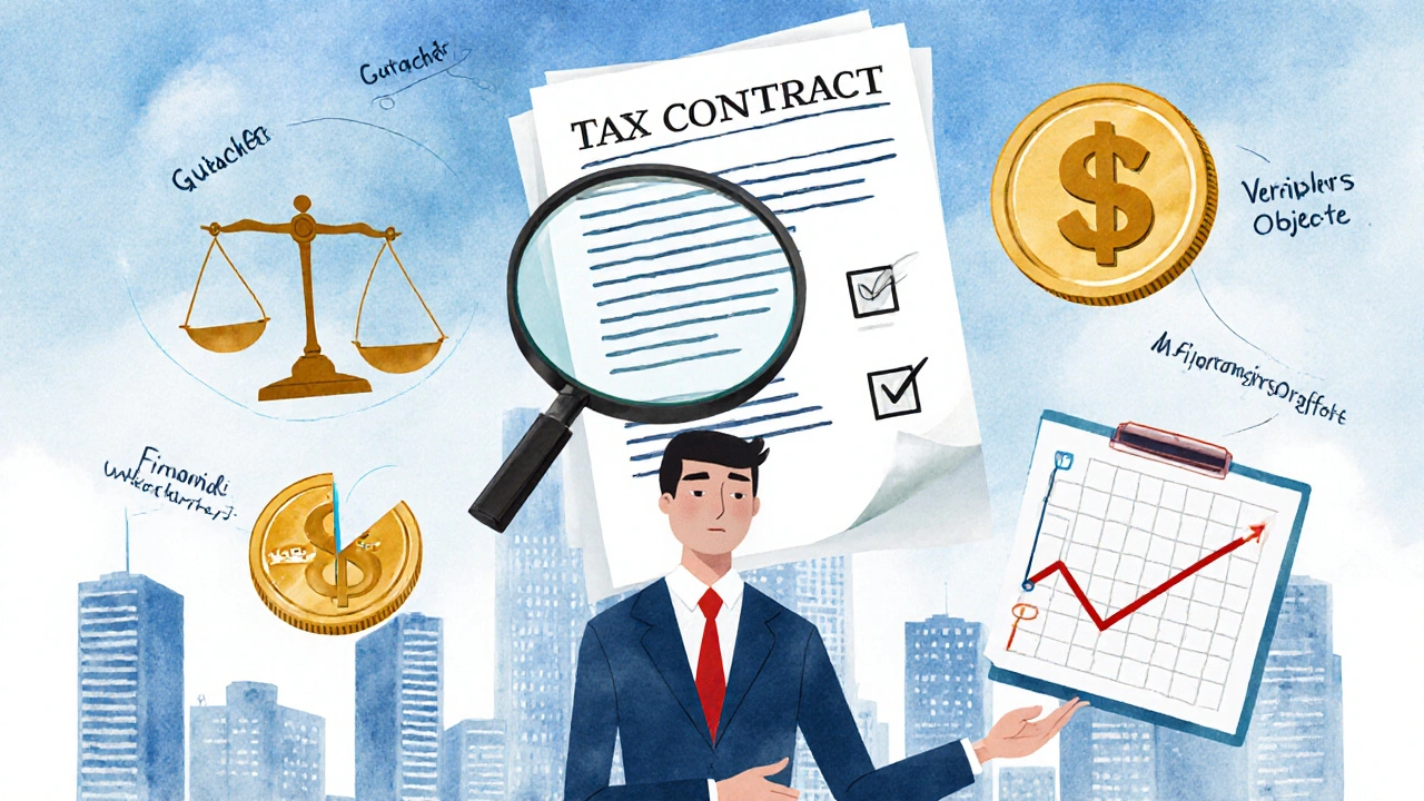 Käufer mit Lupe vor Immobilienvertrag, umgeben von finanziellen Symbolen und Checkliste.