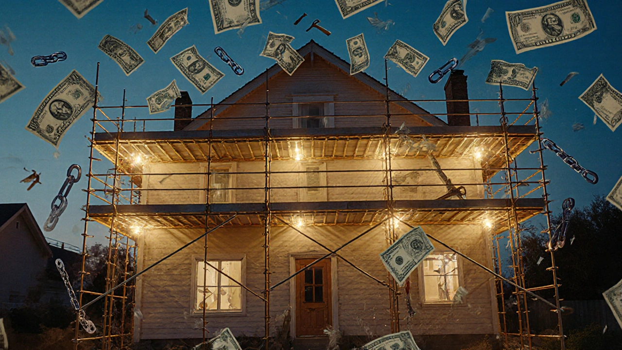 Konzeptuelles Bild: Ein Haus umgeben von einem goldenen Gerüst, das Sicherheit symbolisiert, während Gefahren verschwinden.