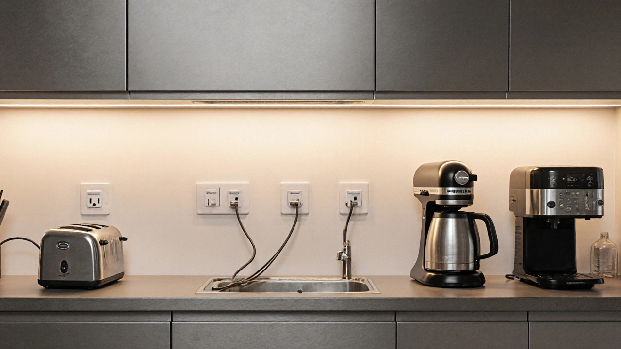 Küche mit Steckdosen oberhalb der Arbeitsplatte, jeder Gerätetrennung, sicher von der Spüle entfernt.