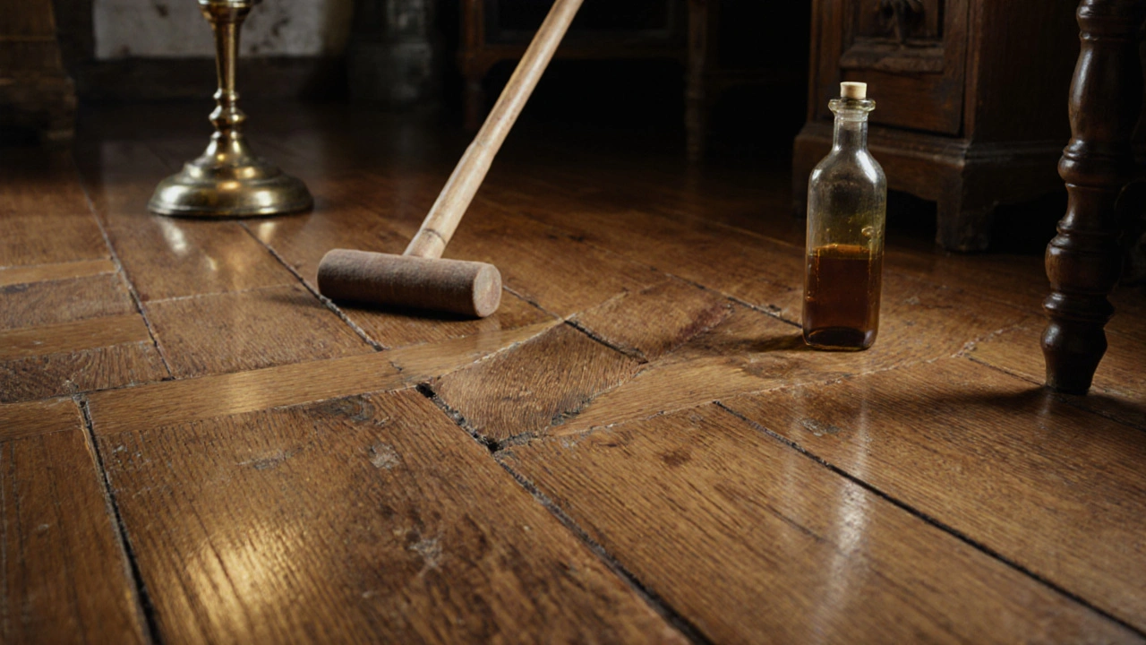 Massiver Eichenparkettboden mit Patina und Holzdübeln in traditioneller Restaurierung.