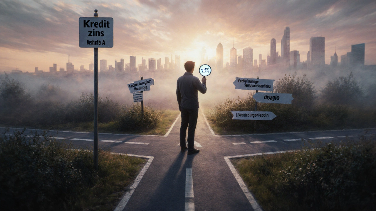 Mensch an einer Kreuzung zwischen klarem und vernebeltem Kreditweg, versteckte Kosten im Nebel.