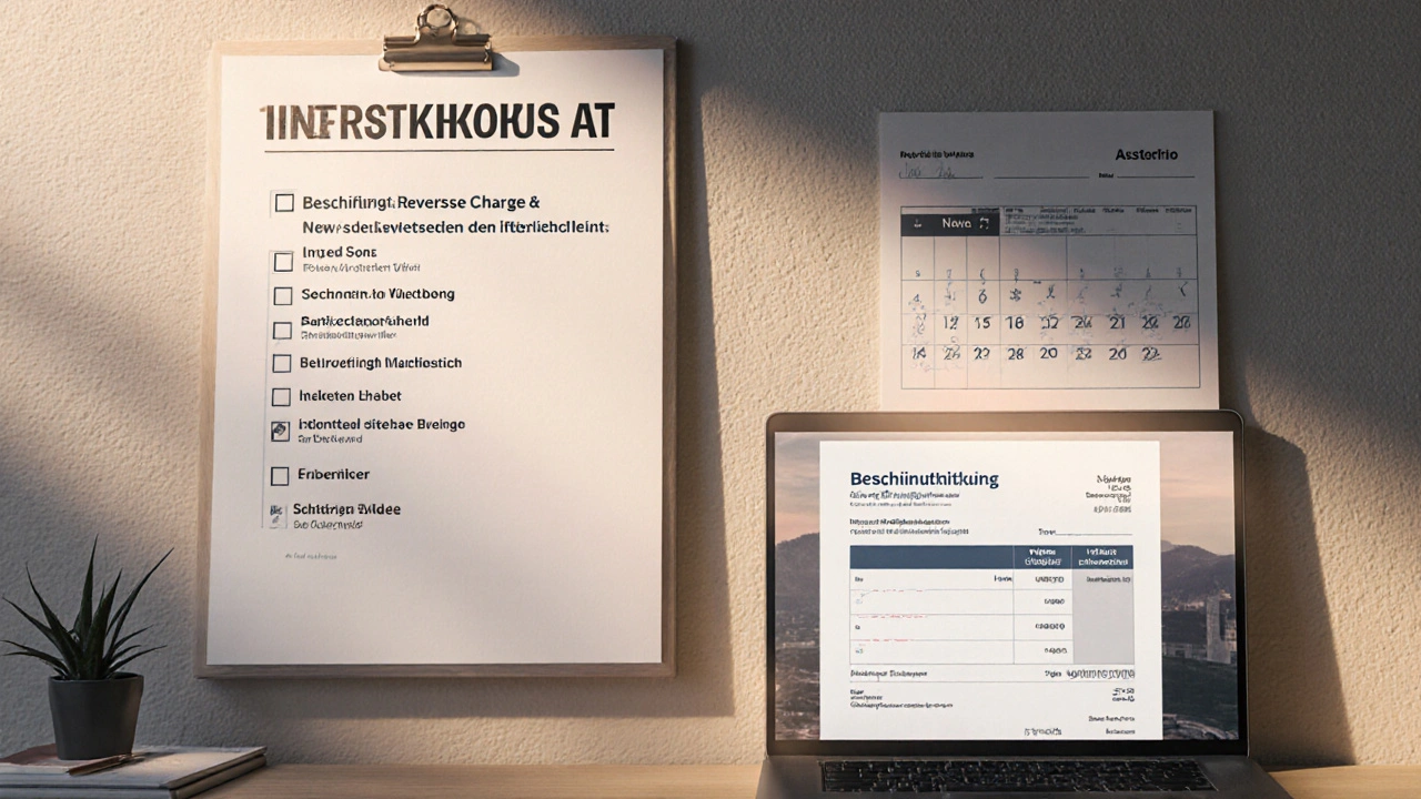 Modernes Büro mit Checkliste zur Reverse-Charge-Compliance und gültiger Bescheinigung an der Wand.