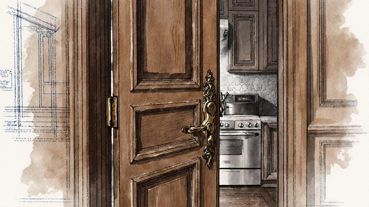 Originale Holztür mit Bronzegriff, dahinter eine unsichtbar integrierte moderne Küche.