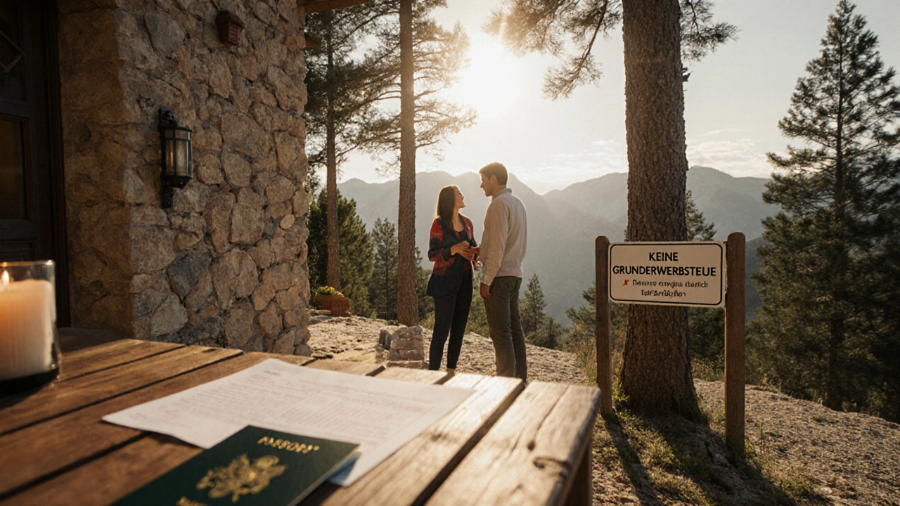 Paar betrachtet eine Villa in Andorra, Sonnenlicht, Hinweisschild &#039;Keine Grunderwerbsteuer&#039;.
