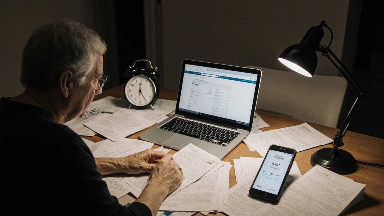 Person an Küchentisch mit Unterlagen, Laptop und Telefon, späte Nachtstimmung, besorgte Atmosphäre.