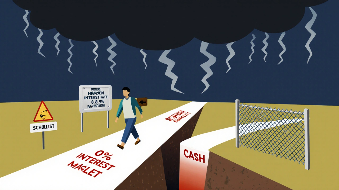 Pfad mit 0%-Zinsen führt in eine Grube mit verborgenen Zinsen, Warnsymbolik ohne Text.