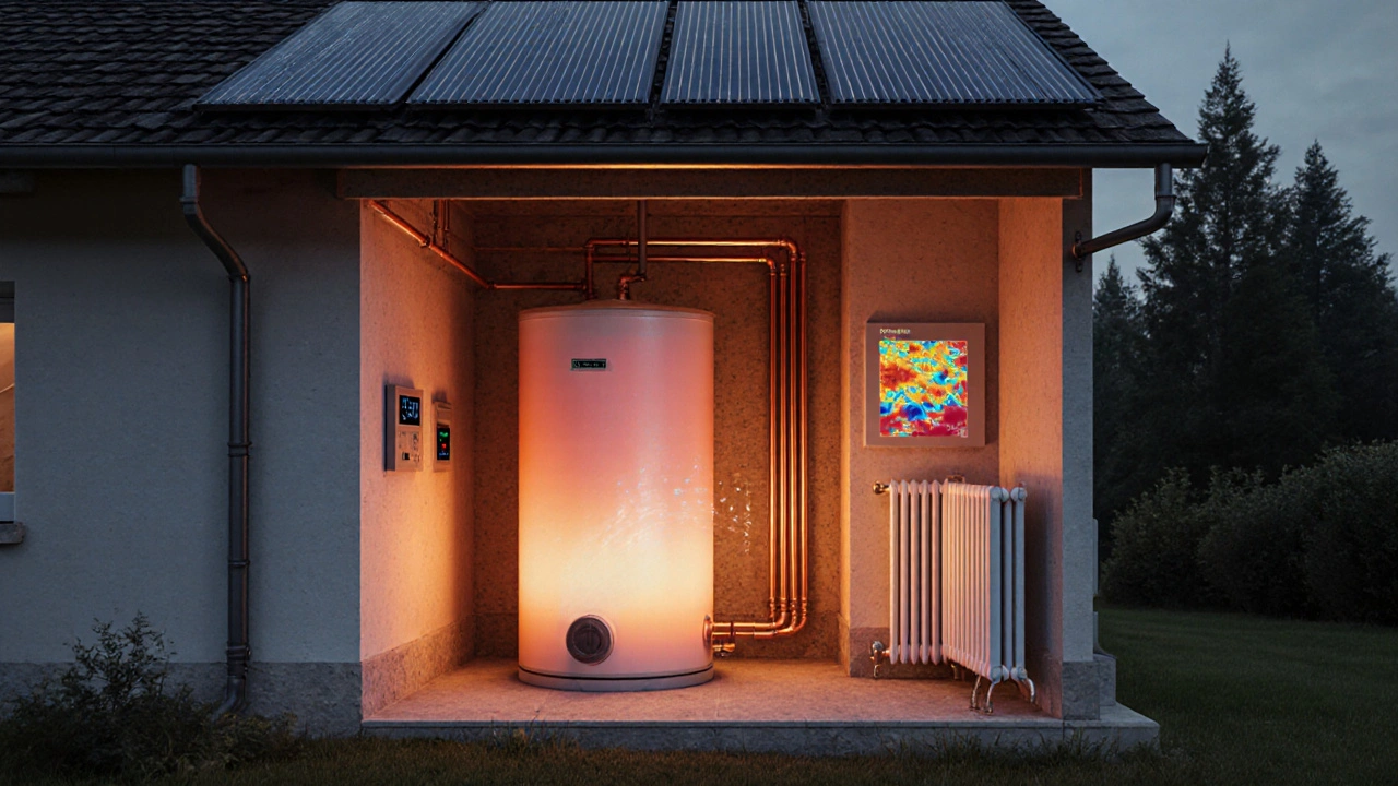 Querschnitt eines Kellers mit großem Wärmespeicher und angeschlossenen Solarrohren.