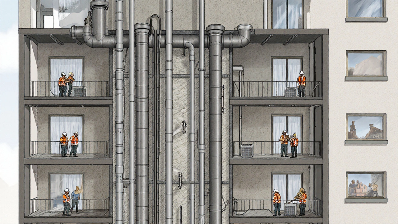 Querschnitt eines Mehrfamilienhauses mit Strangsanierung, verschiedene Handwerker arbeiten koordiniert in einem Versorgungsschacht.