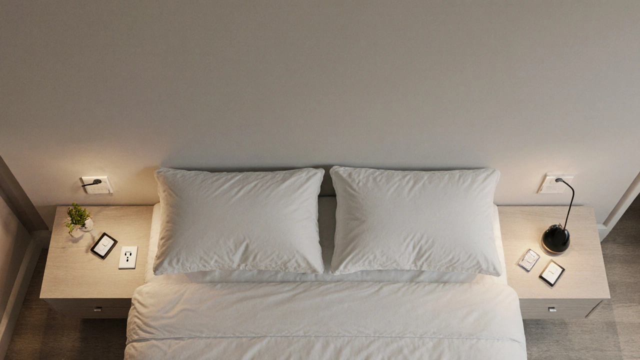 Schlafzimmer mit Steckdosen neben dem Bett und zwei Lichtschaltern, einer am Bett, einer am Eingang.