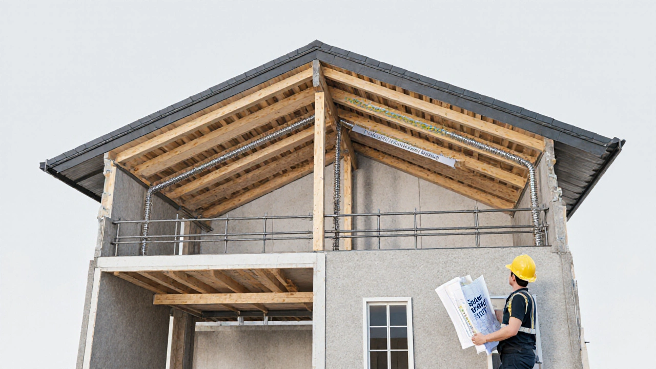 Schnittansicht eines PV-readyen Daches mit vorgefertigten Kabelkanälen und Montagerahmen.