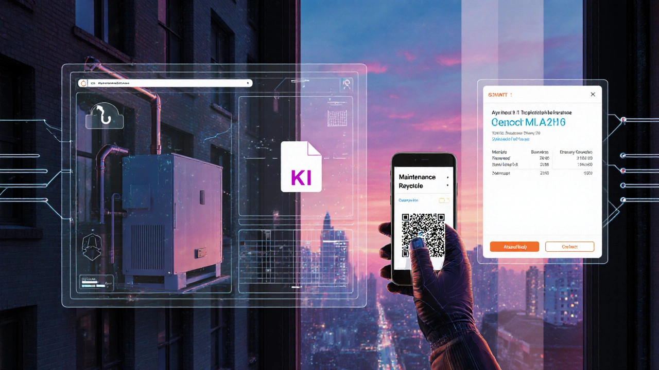 Smartes Gebäudesystem mit IoT-Sensor, das automatisch ein Wartungsgutachten aus der digitalen Akte aufruft, während ein Techniker eine Benachrichtigung auf seinem Smartphone erhält.
