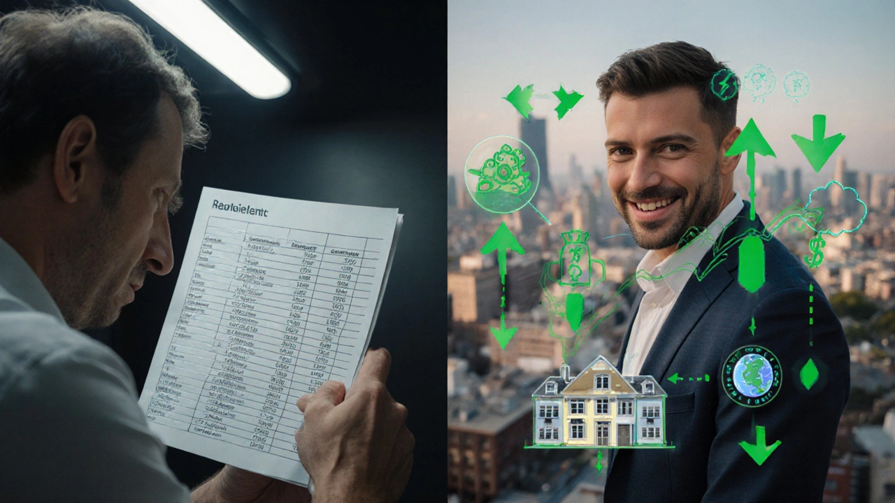 Split image: landlord facing financial stress on left, taking action to diversify on right.