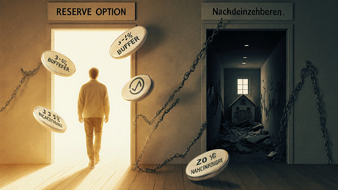 Symbolisches Bild: Ein Mensch geht von einer düsteren Finanzfalle in einen hellen, sicheren Raum mit finanzieller Pufferoption.