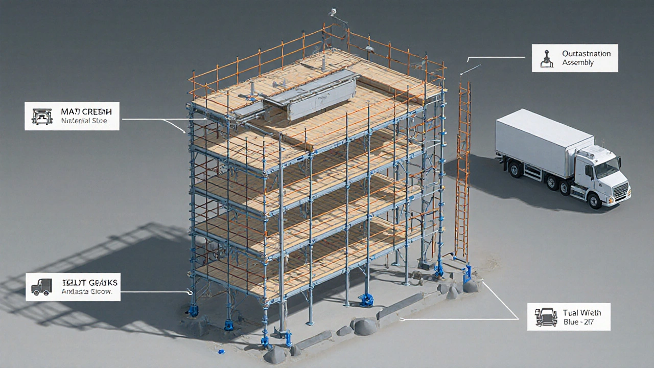 Technische Schnittansicht eines Gerüstsystems mit detaillierten Komponenten und Kostenfaktoren als Symbole.