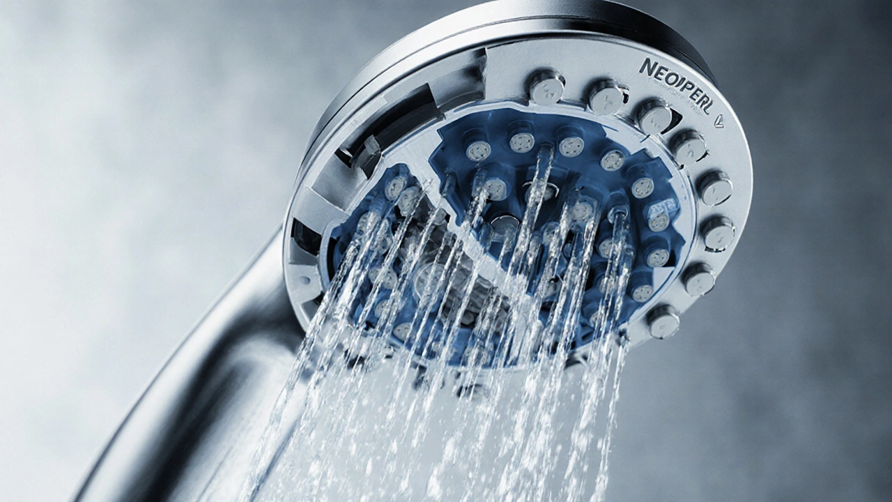 Technische Schnittansicht eines Neoperl DUAL CORE Durchflussbegrenzers mit Luftmischkammern und Düsen.