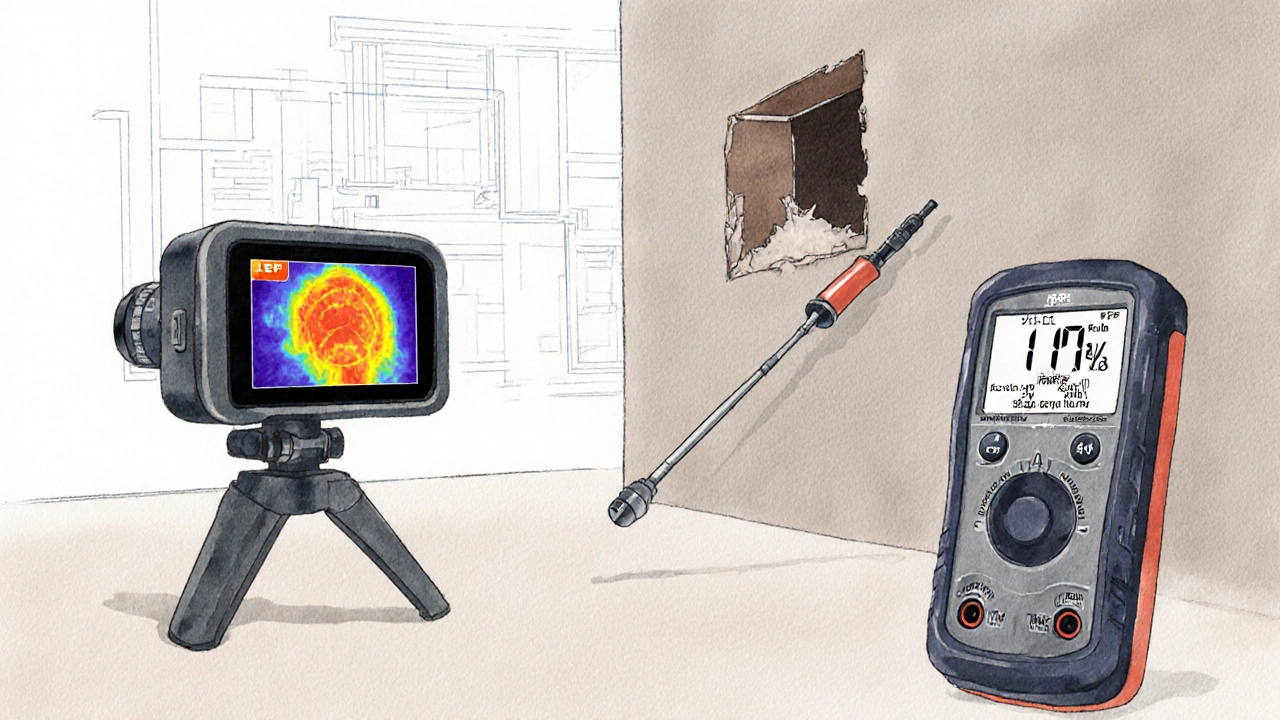 Thermografiekamera, Endoskop und Feuchtigkeitsmesser zeigen versteckte Baumängel in Wand und Dachbereich.