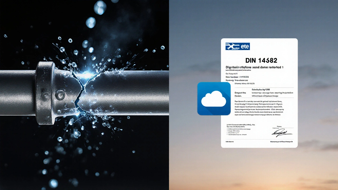 Vergleich: beschädigte Gasleitung links, digitale Prüfbescheinigung rechts — Sicherheit vor und nach der Reparatur.