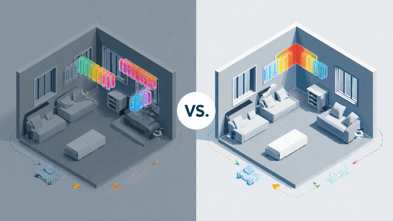 Vergleich: Einzelne Heizkörperthermostate steuern Räume unabhängig vs. zentrales Thermostat mit ungleicher Wärmeverteilung.