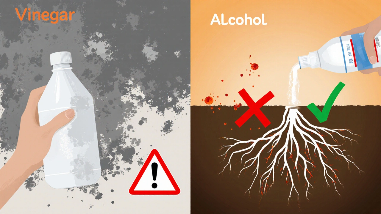 Vergleich: Essig lässt Schimmel wiederkommen, Alkohol tötet die Sporen dauerhaft.