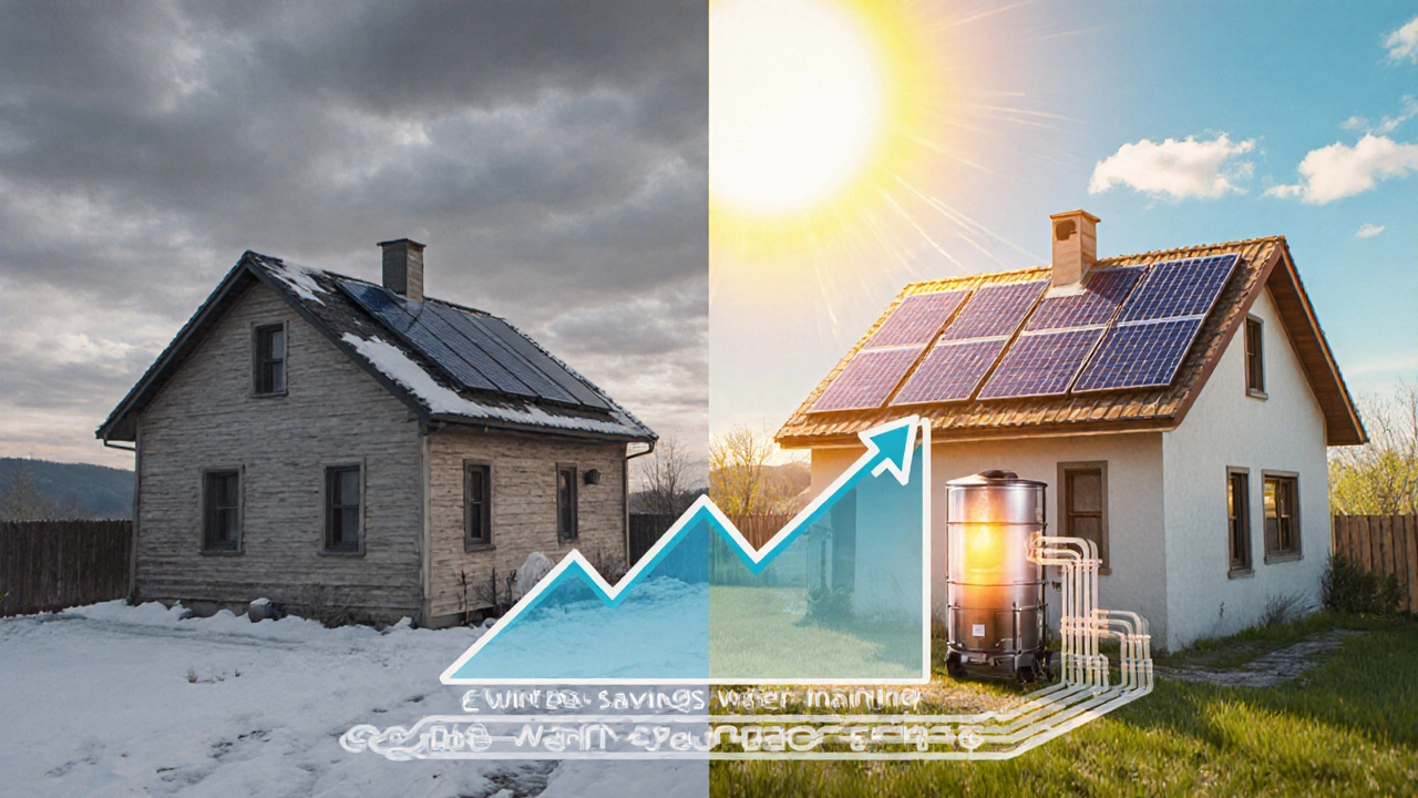 Vergleich von Winter- und Frühlings-Solarthermie-Ertrag an einem Einfamilienhaus.