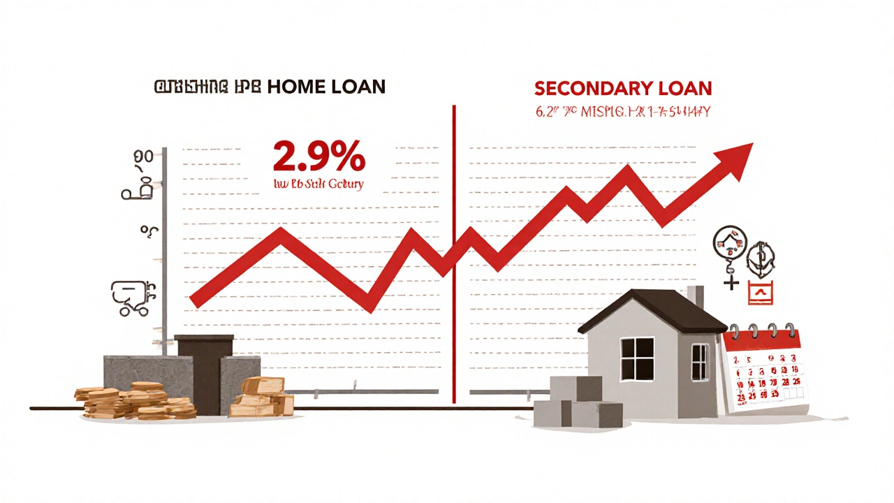 Vergleichsdiagramm: Niedrige Zinsen für Erstdarlehen vs. hohe Zinsen für Nachfinanzierung mit steigenden Materialkosten.