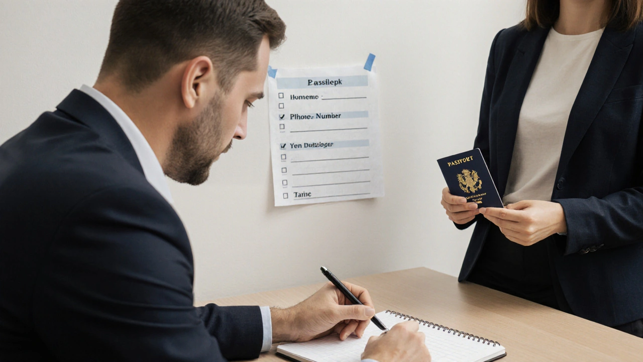 Vermieter notiert nur Name und Telefonnummer eines Interessenten in einem Notizbuch.