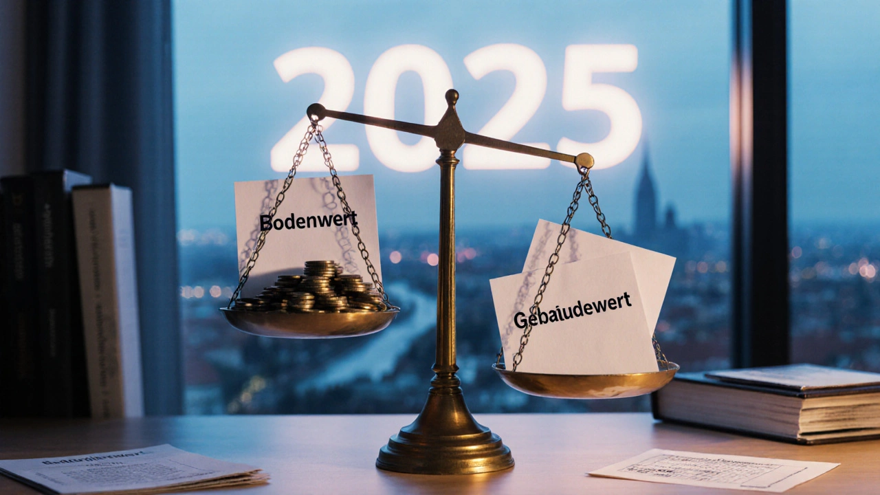 Waage mit Bodenwert und Gebäudewert, dahinter Stadtsilhouette von Graz mit 2025.