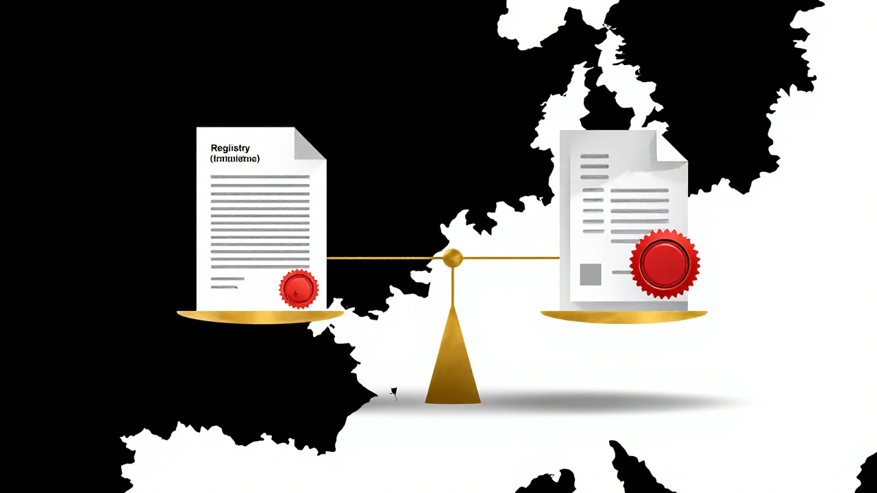 Waage mit Grundbuchauszug und beglaubigter Übersetzung als Symbol für rechtliche Gleichwertigkeit.