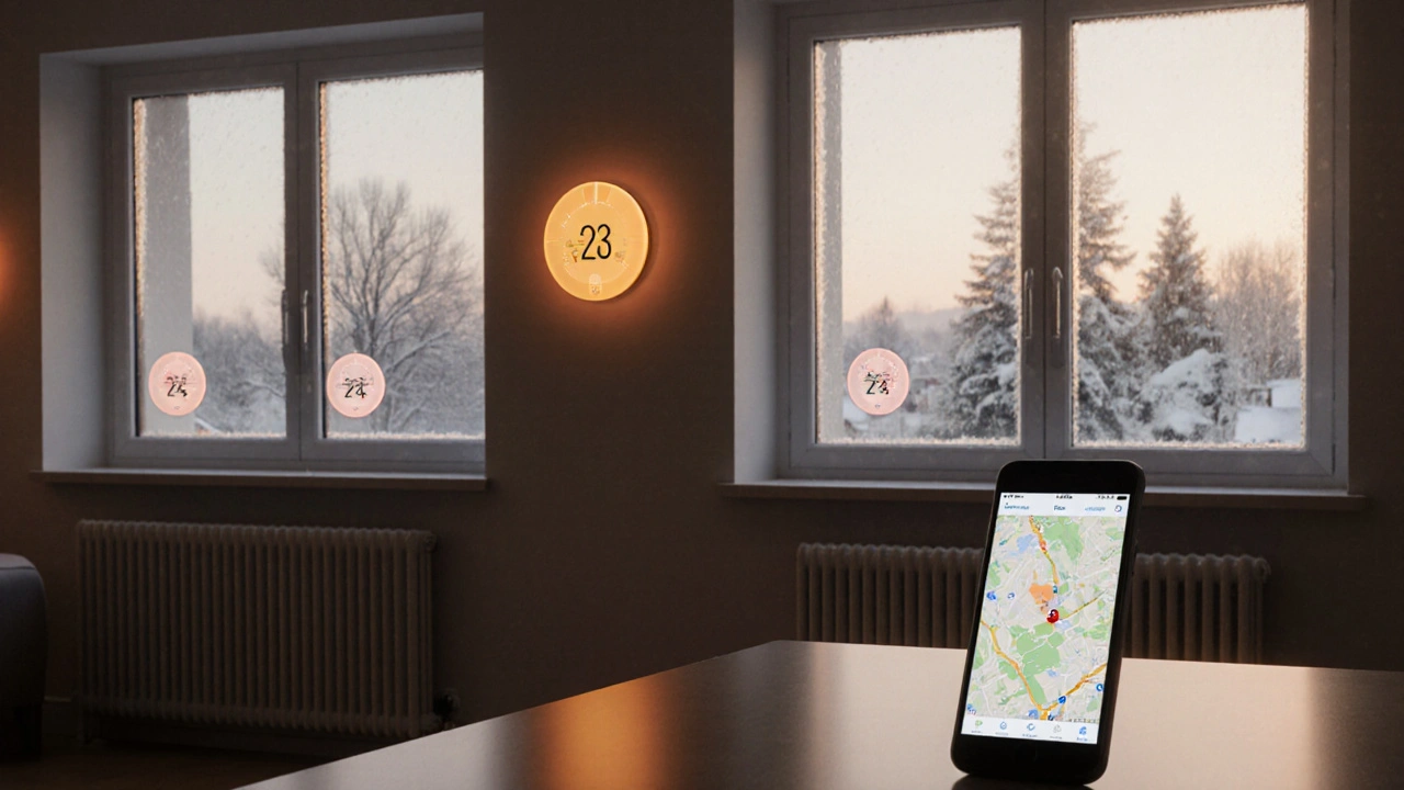 Wintermorgen in Mehrfamilienhaus mit smarten Thermostaten und Geofencing-App auf dem Smartphone.