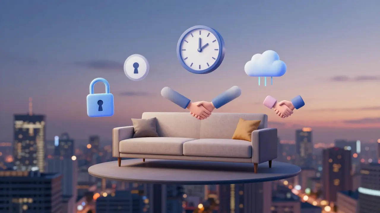 360-Grad-Foto einer Wohnung schwebt mit rechtlichen und technischen Symbolen wie Uhr, Wolke und Handschlag in einer städtischen Landschaft.