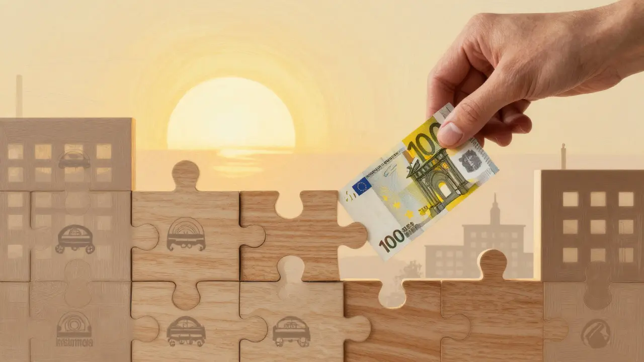A hand placing a 100-euro note into a puzzle of interconnected buildings under a rising sun.