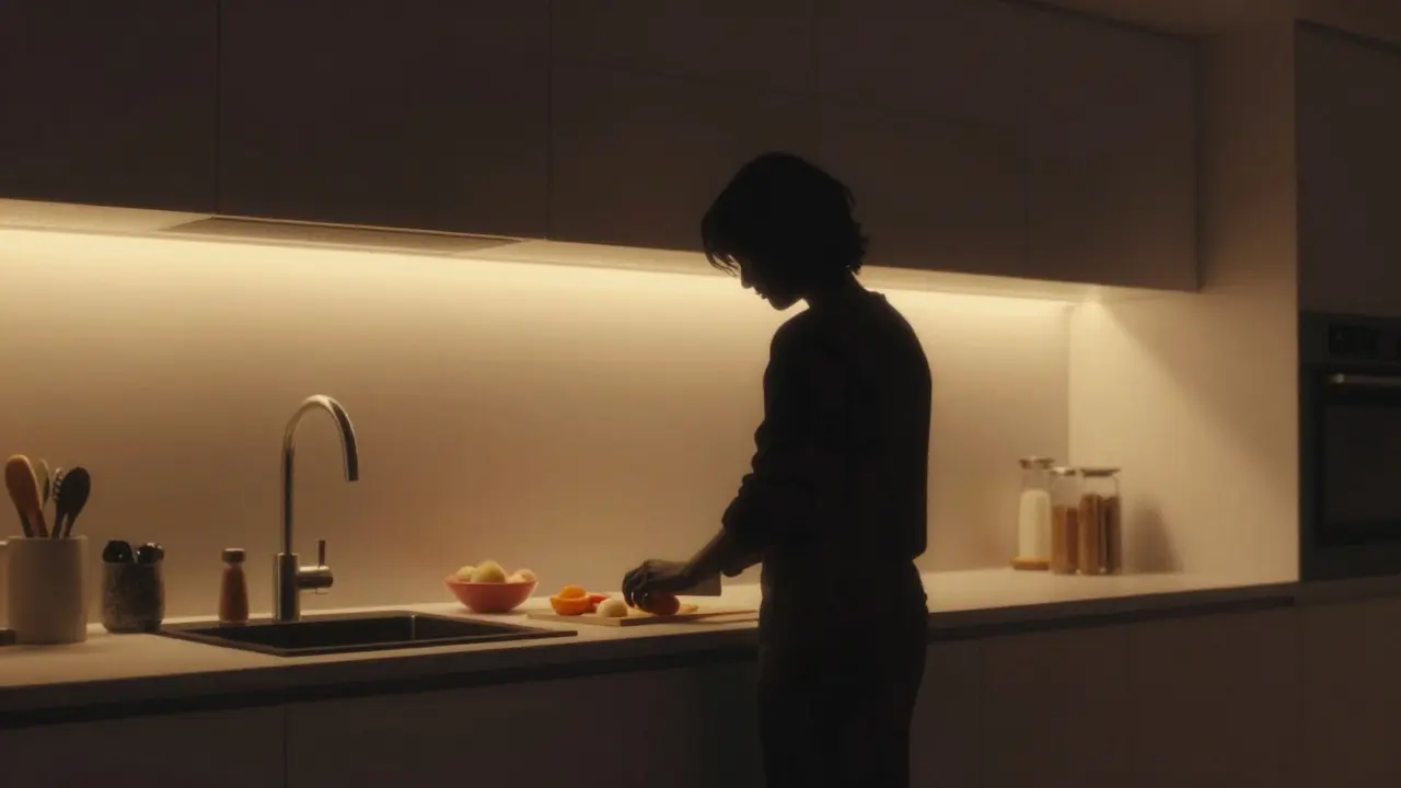 Abends beleuchtet die LED-Unterbauleuchte die Küche mit warmem Licht, während jemand schneidet.