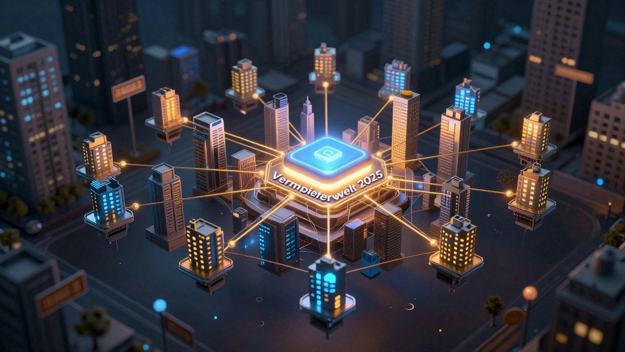 Abstrakte Darstellung einer KI-gestützten Immobilienplattform, die Wohnungen und Marktdaten in einem vernetzten Stadtmodell verbindet.