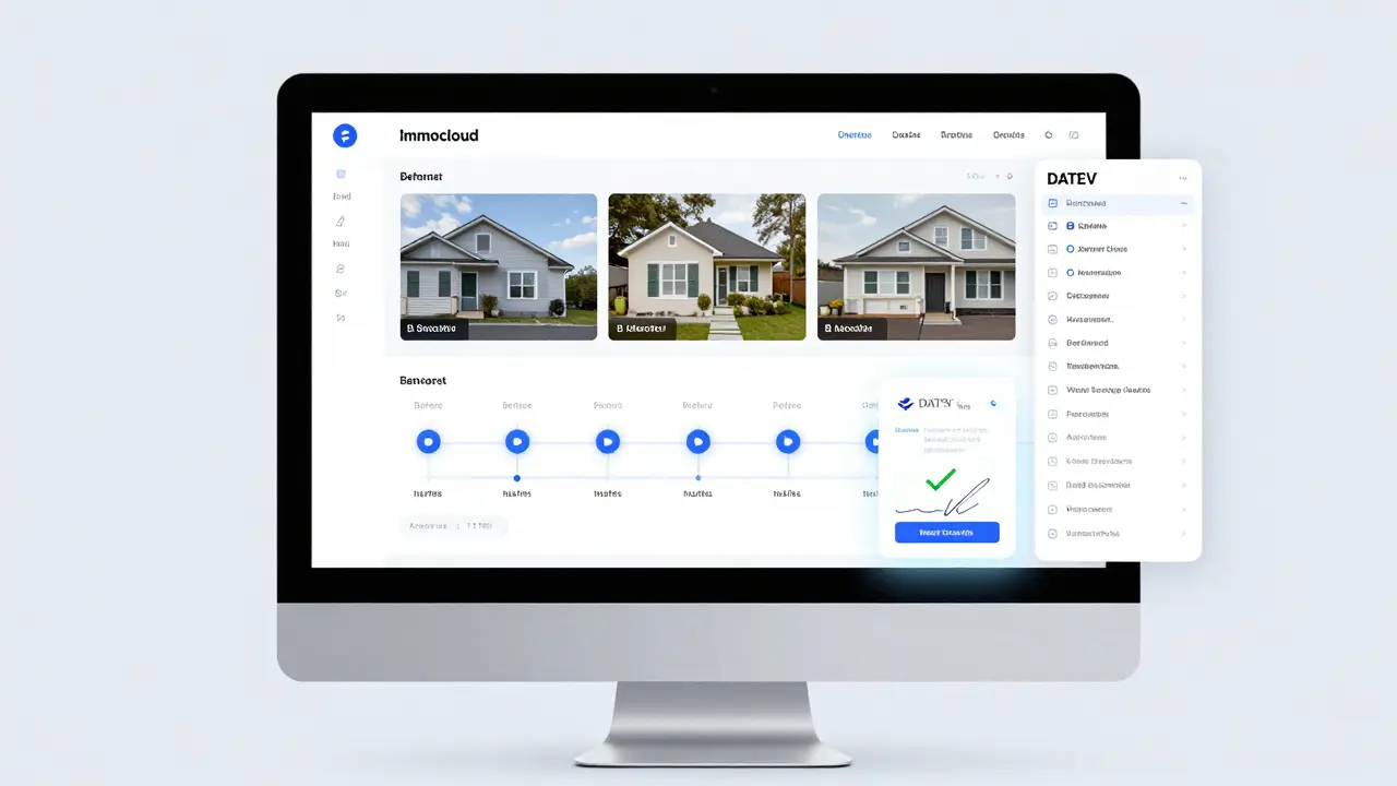 Digitaler Dashboard-Ansicht der Immocloud-App mit Zeitstempel-Fotos und Buchhaltungsintegration auf einem Computerbildschirm.
