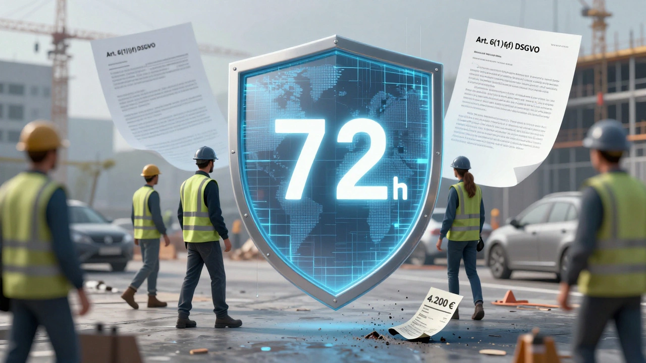 Digitales Schild aus verpixelten Silhouetten schützt eine Baustelle, mit 72-Stunden-Zähler und zerfallendem Bußgeldbescheid.