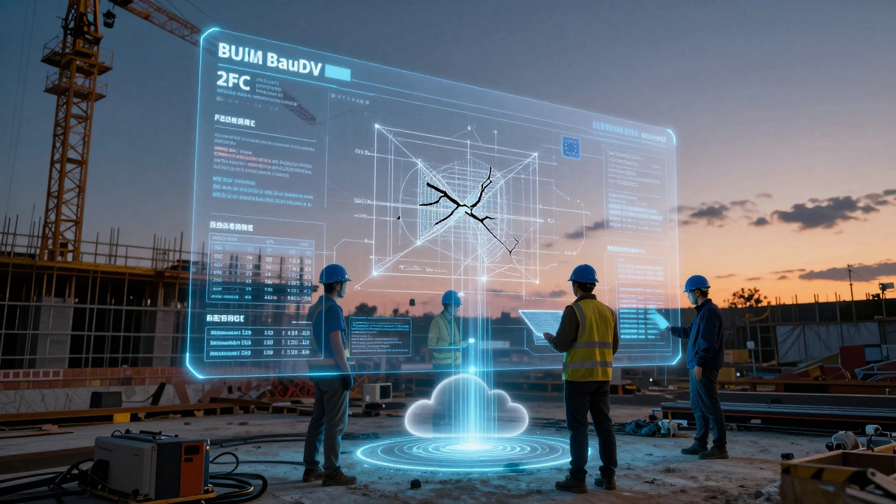 Digitales Überlagerungssystem mit BIM-Daten und KI-Fehlerwarnungen über einer Baustelle bei Dämmerung.