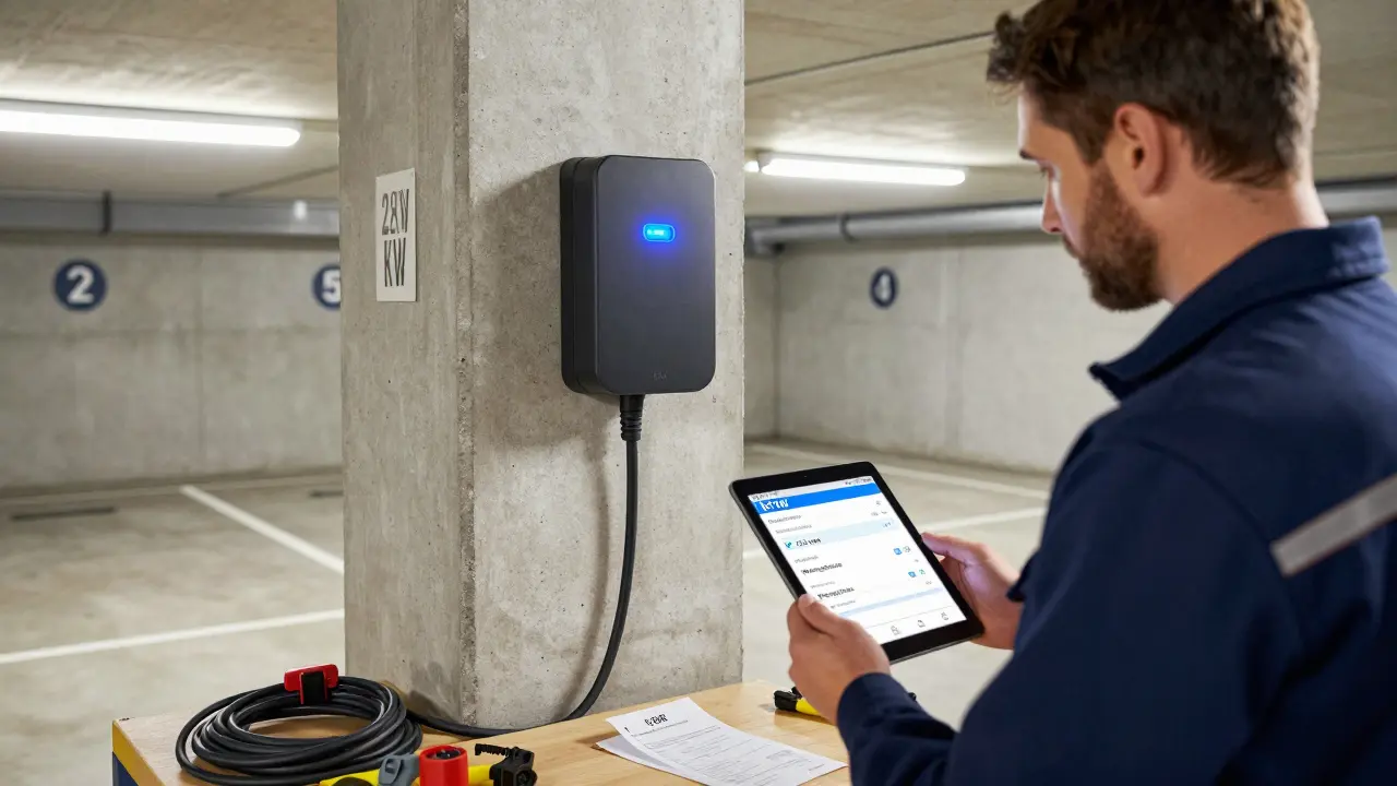 Elektriker installiert eine 22-kW-Wallbox in einem Wohnhauskeller.