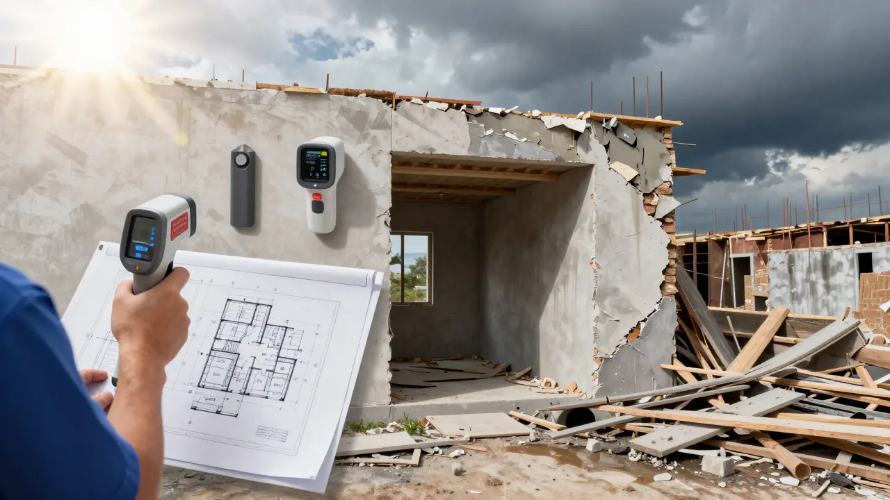 Gegenüberstellung: professionelle Gebäudediagnose links, chaotische Sanierung mit Schäden rechts.