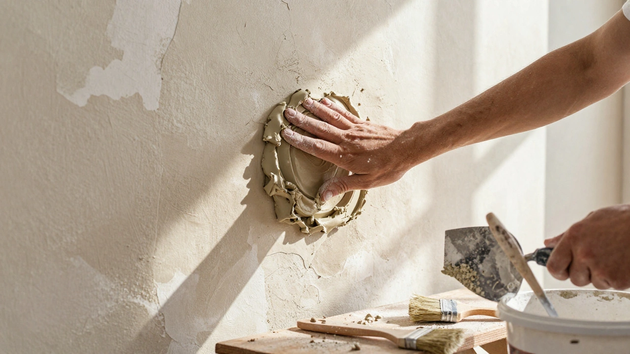 Hände, die Lehmmörtel und Kalkputz auf eine vorbereitete Wand auftragen