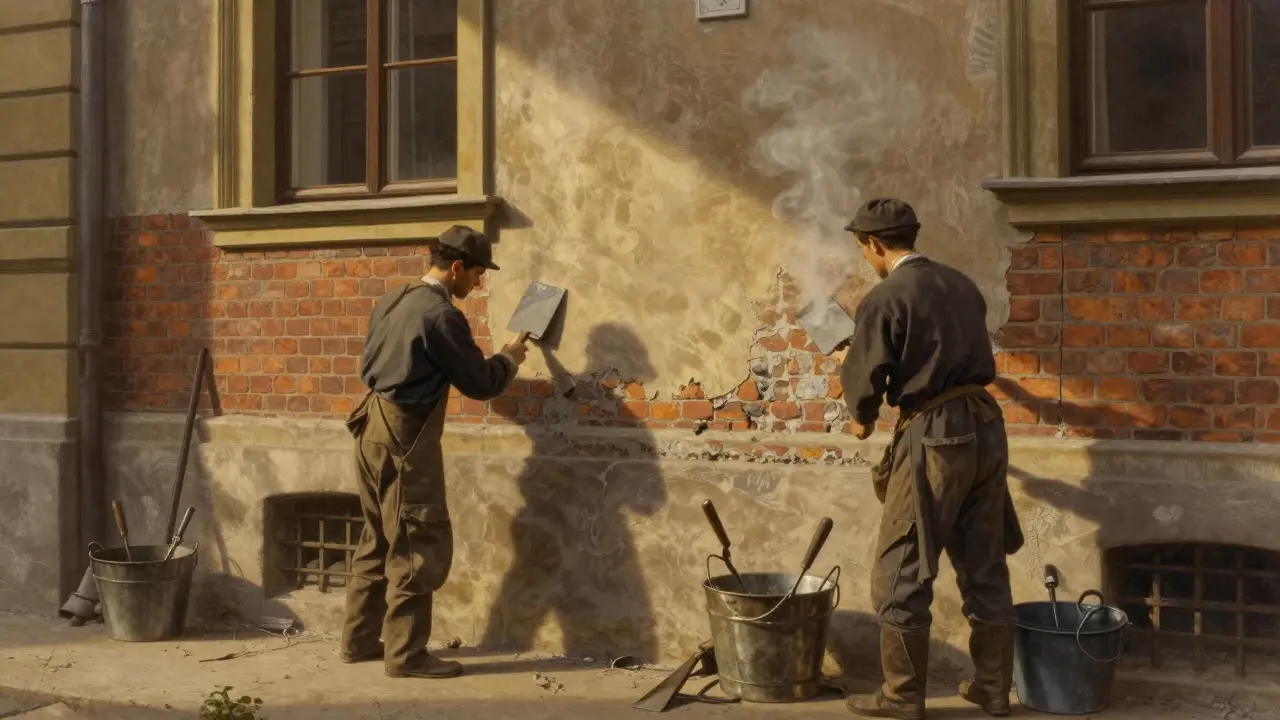 Handwerker bringen mineralischen Putz an einer historischen Fassade in Wien an.