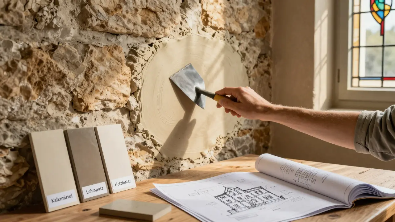 Handwerker bringt traditionellen Kalkmörtel an einer historischen Mauer an, mit Materialproben und Plänen.