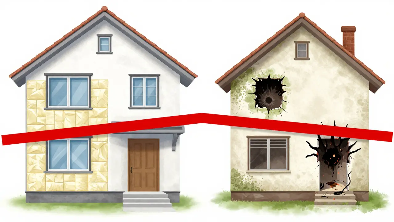Haus mit halb renovierter Fassade und verborgenen Wärmebrücken, die Feuchtigkeit und Energieverlust zeigen.