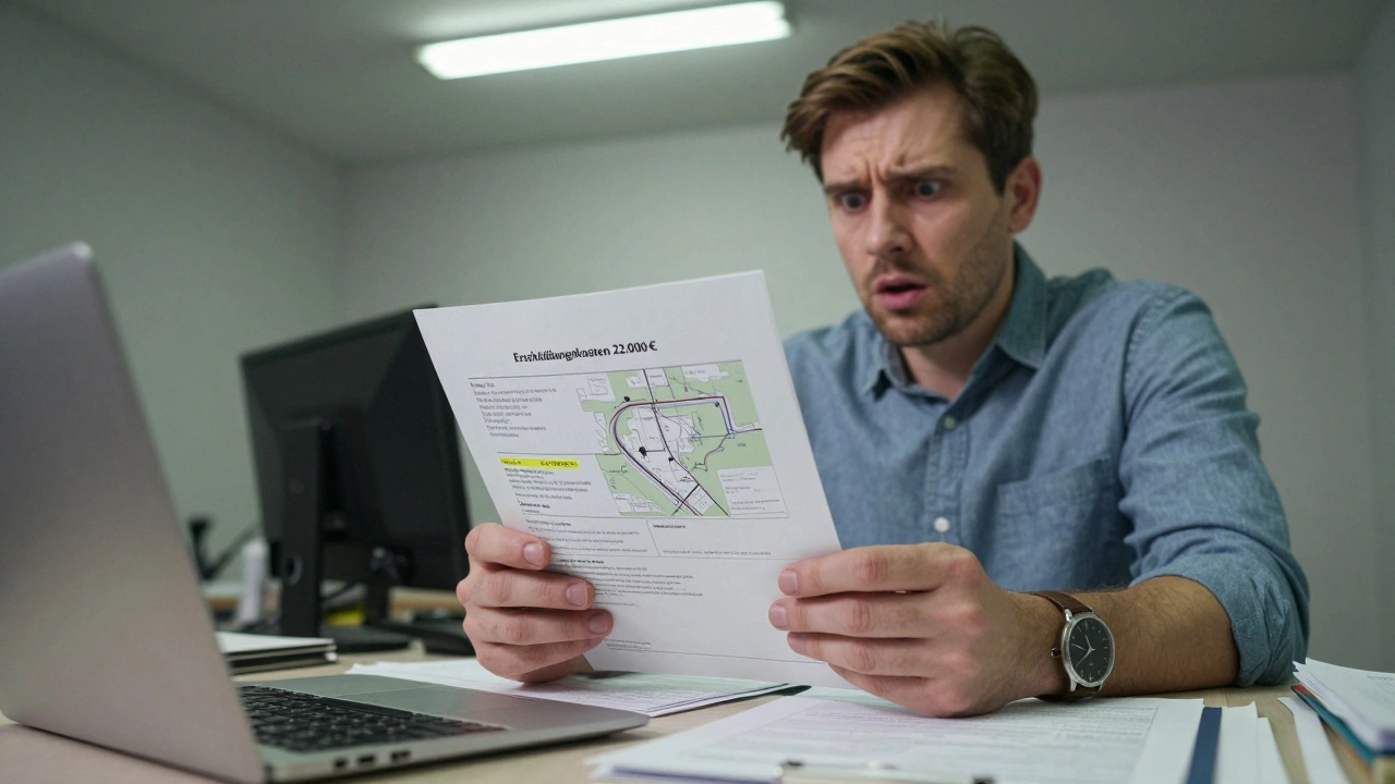 Hausbesitzer bespricht mit Stadtplaner versteckte Erschließungskosten an Dokumenten auf einem Schreibtisch.