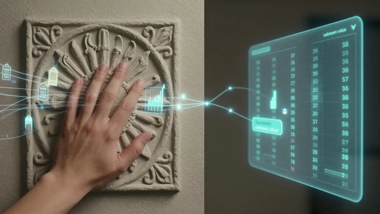 Menschliche Hand berührt Stuckmotiv, während digitale Daten um sie herum schweben – Symbol für KI und menschliche Einsicht.